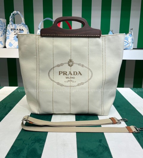 프라다 1BG349 로고 프린트 스트라이프 토트백