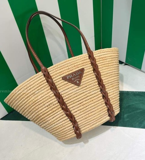 프라다 1BG312 라피아 앤 레더 바스켓 토트 숄더백