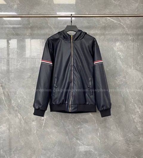 톰브라운 암밴드 후드 레더 자켓