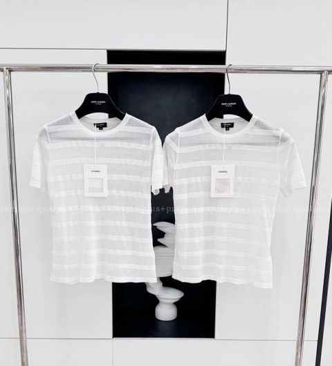 샤넬 스트라이프 시스루 반팔티셔츠 여성용