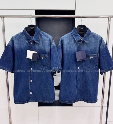 프라다 로고 데님 반팔 셔츠