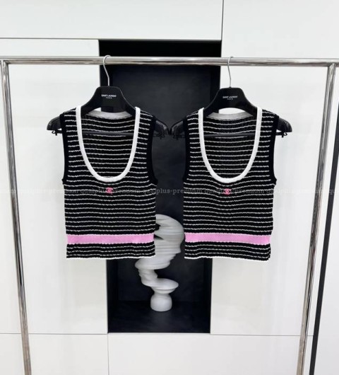 샤넬 CC 스트라이프 슬리브리스 나시 니트 여성용