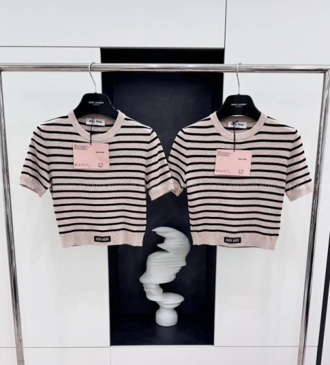 미우미우 스트라이프 로고 크롭 니트 반팔 여성용