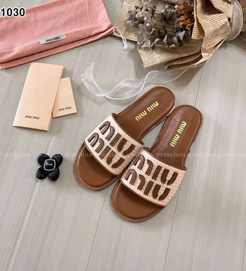 [국내배송] 미*미우  라피아 효과 우븐 패브릭 슬라이드