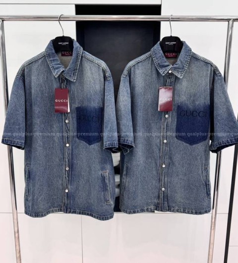 구찌 프린트 데님 쇼트 반팔 셔츠