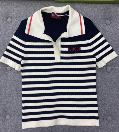 구찌 스트라이프 비스코스 폴로 니트 반팔 여성용