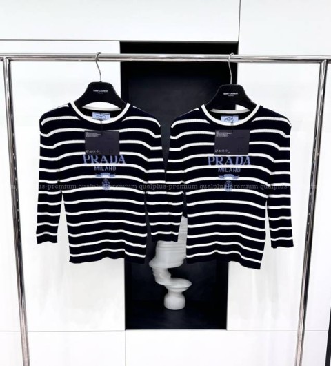 프라다 스트라이프 로고 크롭 니트 여성용